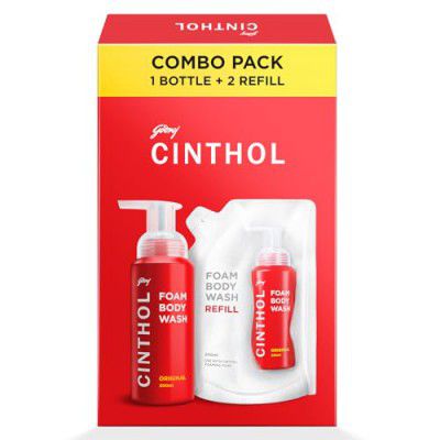 Cinthol Original Foam Body Wash - Combi Pack (600ml) | 1 Bottle & 2 Refill