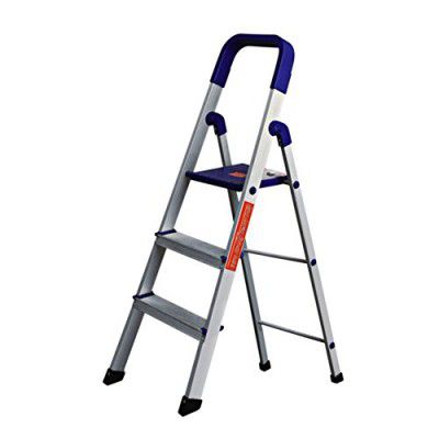 CIPLA PLAST 3 Step Ladder | Foldable Aluminium Ladder for Home with Scratch Resistant - GEC-L3 (Silver & Blue)