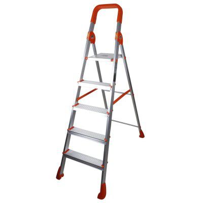 CIPLA PLAST Strong and Heavy Durable Light Weight Full Aluminium Heavy Duty Folding Ladder - Titanium 5 Step Folding Ladder Orange (5 Years Warranty) - GEC-L5T