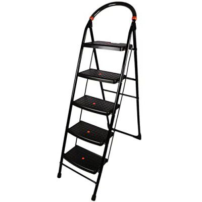 CIPLAPLAST 5 Step Ladder for Home use | Heavy Duty Alloy Steel Foldable Step Ladder | 5 Years Warranty | Milano 5 Steps | GEC-L5M (Black)