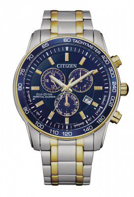 Citizen Mens Eco-Drive Sport Luxury Chronograph Watch in Two-tone Stainless Steel, blue dial (Model: BL5517-55L), Two-Tone, Sport Luxury Chronograph Sport