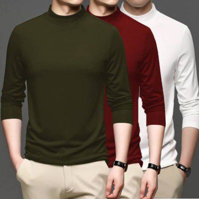 CLAfoutis  Pack of 3 Solid Men Turtle Neck Dark Green, Light Blue, Maroon T-Shirt