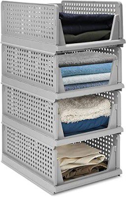 CLAPONE Foldable Wardrobe Organizer Plastic Stackable Closet Self Storage Container, Rectangular Cupboard for Kitchen, Home and Bathroom (Pack of 2 (Large) Grey)