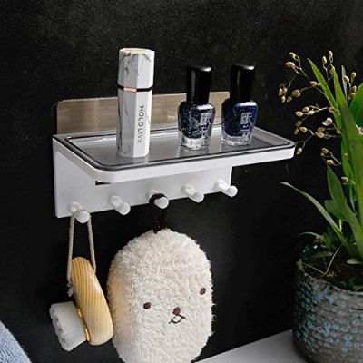 CLAPONE Self Adhesive Multipurpose Kitchen Bathroom Shelf with 5 Mounted Hooks for Accessories Storage(Random Colour)