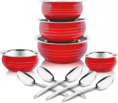 Classic Essentials Cherry Coloured Stainless Steel Handi/patila/bhagona/biryani cook & serve Handi Induction Bottom Cookware Set  (Stainless Steel, 10 - Piece)