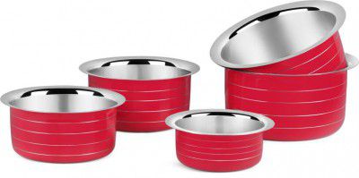 Classic Essentials induction friendly Tope cookware set (5 piece ) Red Tope Set 600 ml, 900 ml, 1200 ml, 1600 ml, 2000 ml capacity 11 cm, 12.5 cm, 14 cm, 15.2 cm, 16.7 cm diameter  (Stainless Steel, I
