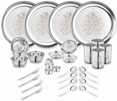 Classic Essentials Pack of 32 Stainless Steel Glory Heavy Gauge with Permanent Laser Design Dinner Set  (Silver)