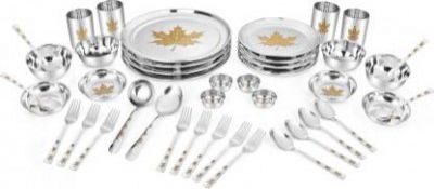 Classic Essentials Pack of 42 Stainless Steel Maple Dinner set Heavy Gauge with Permanent Laser Design Dinner Set 