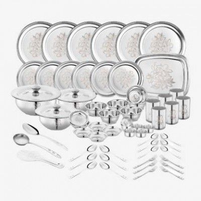 Classic Essentials Pack of 64 Stainless Steel Heavy Gauge Dinner Set| Glory Lazer Design Bartan|Shagun|Gift Set| Dinner Set  (Steel)