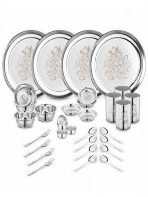 Classic Essentials Silver-Toned 32 Pieces Glory Design Stainless Steel Glossy Dinner Set