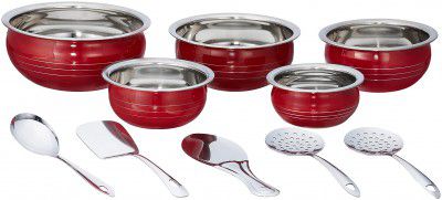 Classic Essentials Stainless Steel Handi Set Color Coating Red Stainless Steel handi set of 10 piece Container/milk pot pan/patila/bhagona/Serving bowl/biryani cook & serve Set of 5 Pcs set, with Pcs 