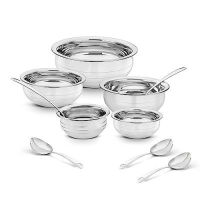 CLASSIC ESSENTIALS Stainless Steel Handi/Patila/Bhagona/Biryani Cook&Serve Handi Induction Bottom Cookware Set,300Ml,550Ml,750Ml,1100,1500Ml (White),4200 Milliliter, Polished