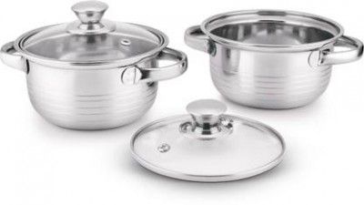 Classic Essentials Stainless Steel Marvel Casserole with Glass Lid Pack of 2 Cook and Serve Casserole Set  (1050 ml)