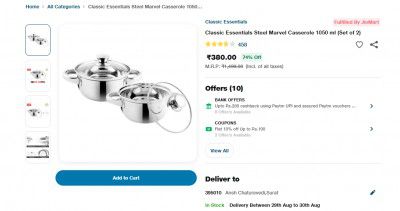 Jiomart : Classic Essentials Steel Marvel Casserole 1050 ml (Set of 2)