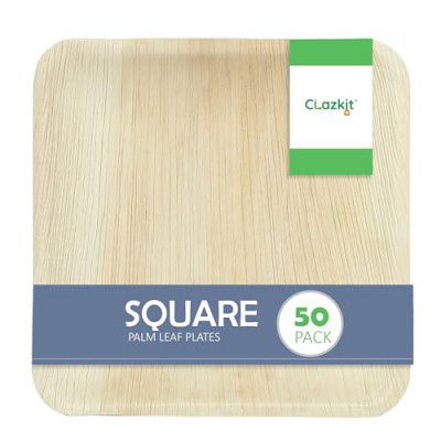Clazkit 50 Pack Square Palm Leaf Plates | Disposable Eco-Friendly Biodegradable Like Bamboo Wood Plates | Party, Wedding, Event Plates | 8" X 8"