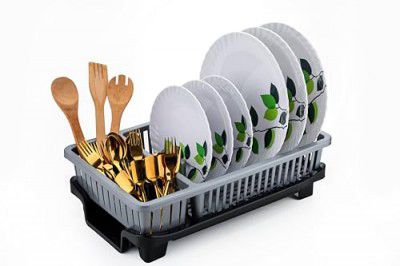 Clazkit Dish Drying Rack – 3 in 1 Durable Plastic Utensil Basket (Grey)