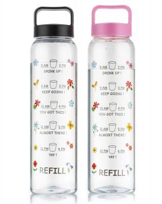 Clazkit Plastic Motivational 1000ml Water Bottle Blue & Pink - Set of 2