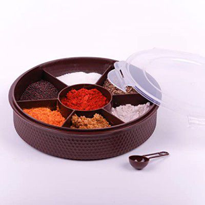 Clazkit Plastic Round 7 Sections Multipurpose Masala Rangoli Dabba Box Set, Spice Box Set - Brown (Masala Box - 7 in 1)