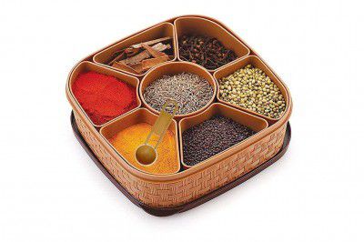 Clazkit Plastic Square 7 Sections Multipurpose Masala Rangoli Dabba Box Set, Spice Box Set - Brown (Masala Box - 7 in 1)