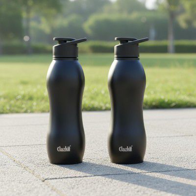 Clazkit Platina Stainless Steel Black Matte Finish Water Bottle Set of 2 