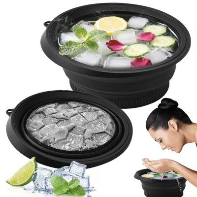 Clazkit Silicone Collapsible Face Bowl with Built-in Ice Tray, Modern Style, Black, Round, Dishwasher Safe
