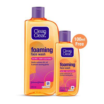 Clean & Clear Foaming face wash for oily skin, removes 99.8% pimple causing germs, Home & travel combo pack offer- Buy 240ml Get 100ml Free