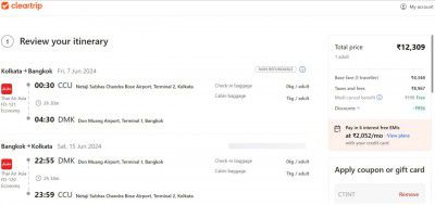Cleartrip Lowest Price : Kolkata ( INDIA ) to Don Muang Airport (Bangkok) : Two Way Tickets @ 12,309 / person