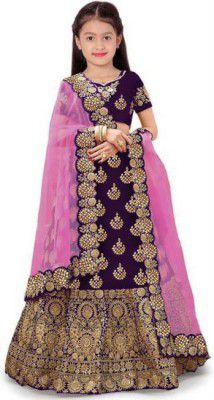 Clothes Shop Girls Lehenga Choli Ethnic Wear Embroidered Lehenga, Choli and Dupatta Set  (Purple, Pack of 1)
