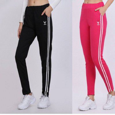 Clothina Pack of 2 Women Striped Black, Grey Track Pants