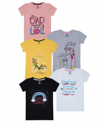 Clotth Theory Girls Super Combed Cotton Regular Fit Round Neck Printed Short Sleeve Tshirt -Combo Pack of 5