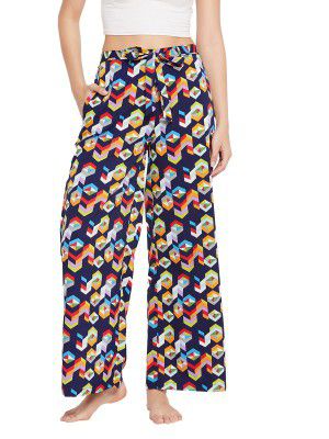 Clovia Nylon Women's Crepe Geometric Print Flared Casual Style Pyjama with Side Slits