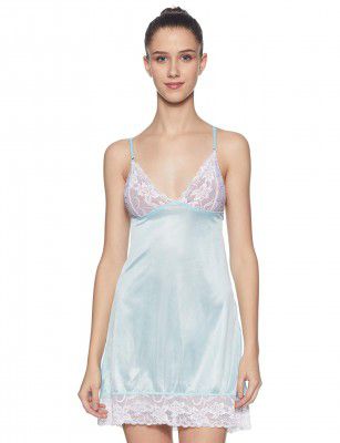 Clovia Women Satin and Lace Solid Short Length Nightdress
