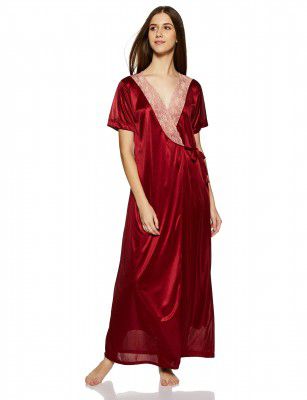 Clovia Women Satin Maxi Nighty with Robe