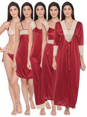 Clovia Womens 7 Pc Satin Nightwear Set