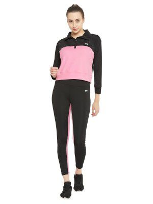 Clovia Women's Comfort-Fit Active Zipper Top & Sports Tights Set In Black