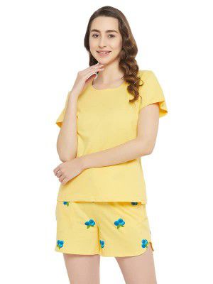 Clovia Women's Cotton Back Print Top & Shorts Set in Yellow