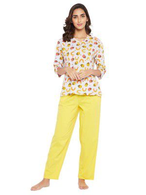 Clovia Women's Cotton Bee Print Top in Lilac & Chic Basic Pyjama in Purple