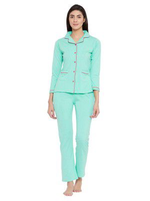 Clovia Women's Cotton Button Down Shirt & Pajamas Set