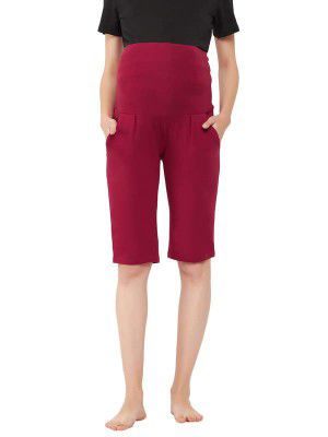 Clovia Women's Cotton Chic Basic Maternity Shorts in Maroon