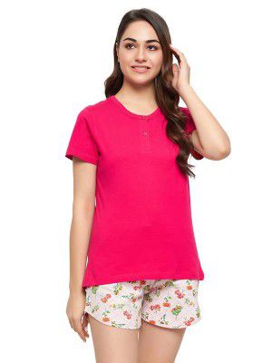Clovia Women's Cotton Chic Basic Top & Printed Shorts in Pink