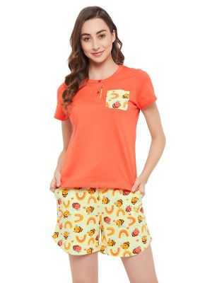 Clovia Women's Cotton Chic Basic Top in Orange & Bee Print Shorts In Orange