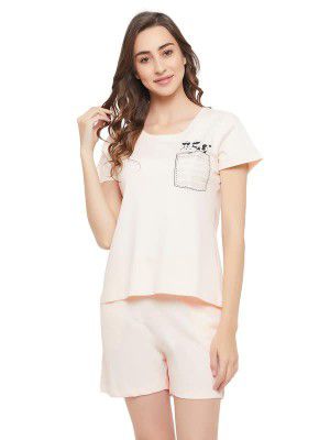Clovia Women's Cotton Cotton Rich Print Top & Shorts Set In White