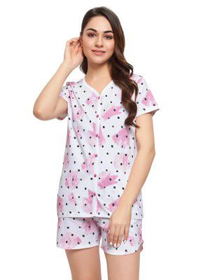Clovia Women's Cotton Dot Print Button Down Top & Shorts Set in White