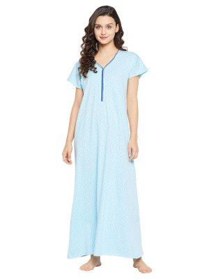 Clovia Women's Cotton Dot Print Long Night Dress in Blue