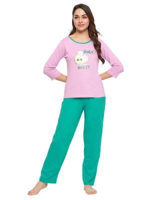 Clovia Women's Cotton Graphic & Text Print Top & Pyjama Set in Purple