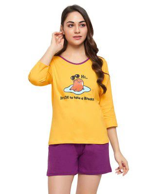 Clovia Women's Cotton Graphic and Text Print Top & Chic Basic Shorts Set