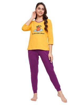 Clovia Women's Cotton Graphic Print Top & Solid Pyjama Set in Yellow