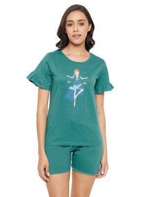 Clovia Women's Cotton Libra Print Top & Shorts Set in Teal