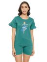 Clovia Women's Cotton Libra Print Top & Shorts Set in Teal...