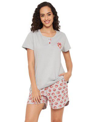 Clovia Women's Cotton Owl Print Top & Shorts Set